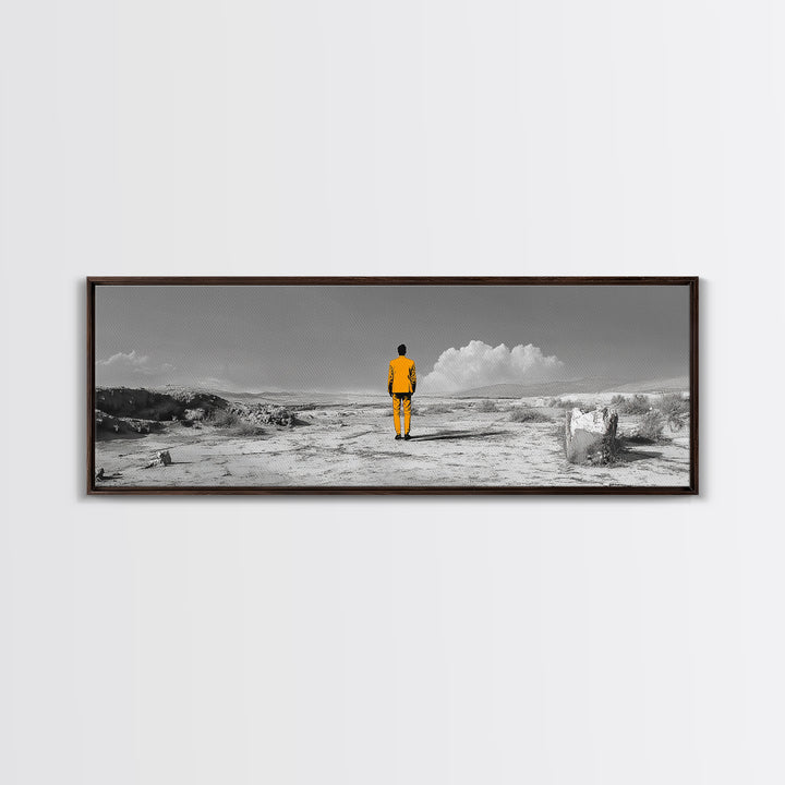 Yellow Suit, Surreal Desert, Lone Wanderer, Conceptual Art — Framed Canvas Print, Modern Art, Office Decor, Minimalist Statement Piece