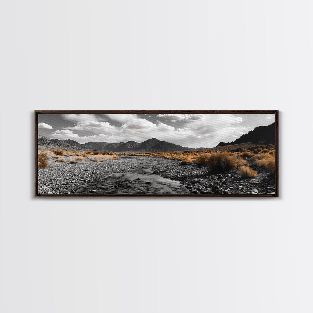 Desert Creek, Rugged Mountains, Golden Shrubs, Nature Path — Framed Canvas Print, Autumn Wall Decor, Rustic Office Art, Landscape Canvas