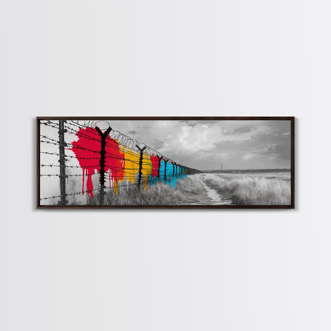 Barbed Wire, Graffiti Fence, Urban Street Art, Political Statement, Framed Canvas Print, Modern Wall Art, Office Decor, Activist Art