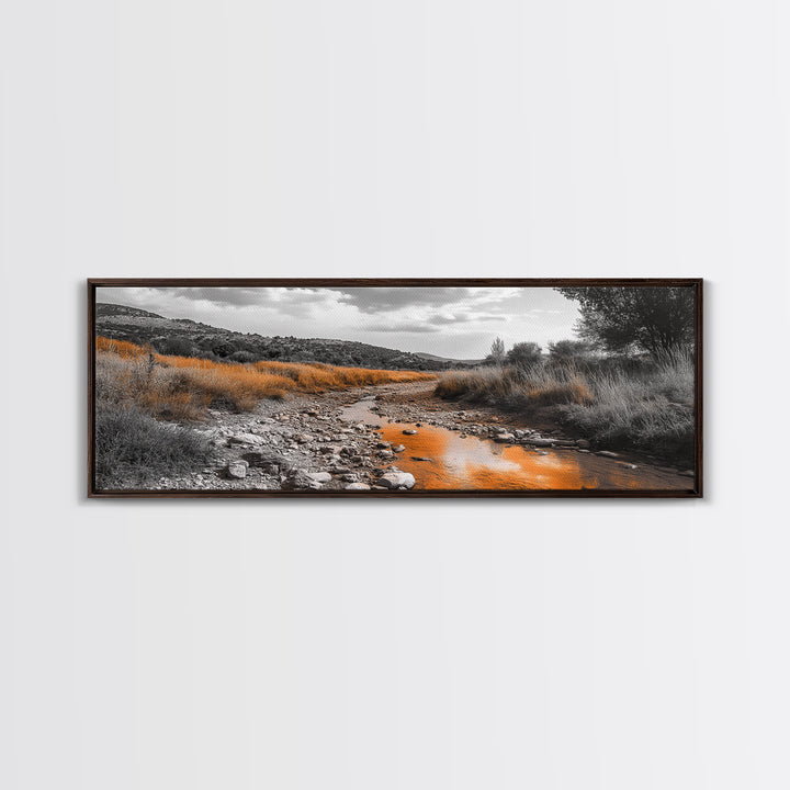 Autumn Stream, Golden Creek, Rustic Nature, Fall Landscape, Framed Canvas Print, Farmhouse Decor, Living Room Wall Art, Earth Tones