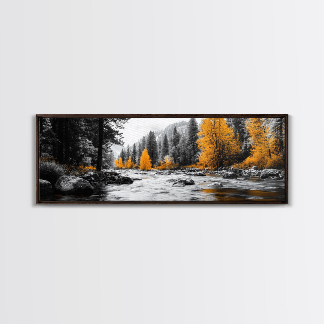 River Flow, Autumn Forest, Mountain Pines, Golden Trees, Canvas Print, Fall Decor, Nature Lover Gift, Rustic Wall Art, Boho Wall Art