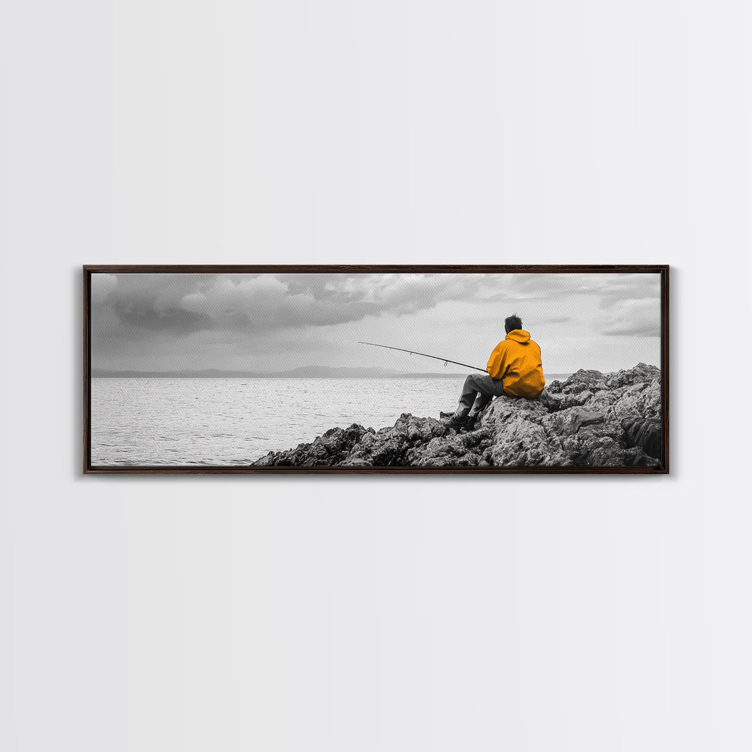Peaceful Angler View, Yellow Hoodie Fisherman, Canvas Print, Minimalist Seaside Wall Art, Coastal Living Room Art, Fishing Lover Gift
