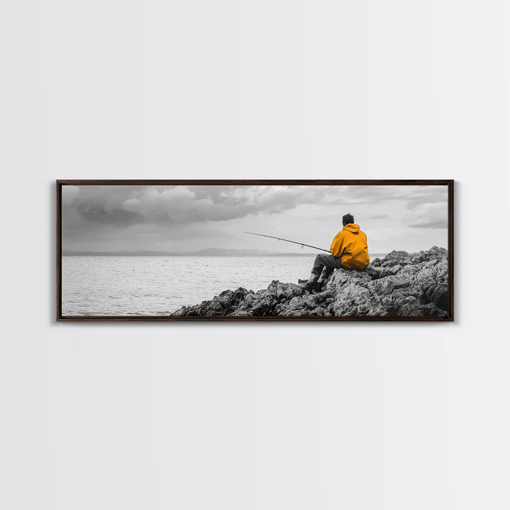Peaceful Angler View, Yellow Hoodie Fisherman, Canvas Print, Minimalist Seaside Wall Art, Coastal Living Room Art, Fishing Lover Gift