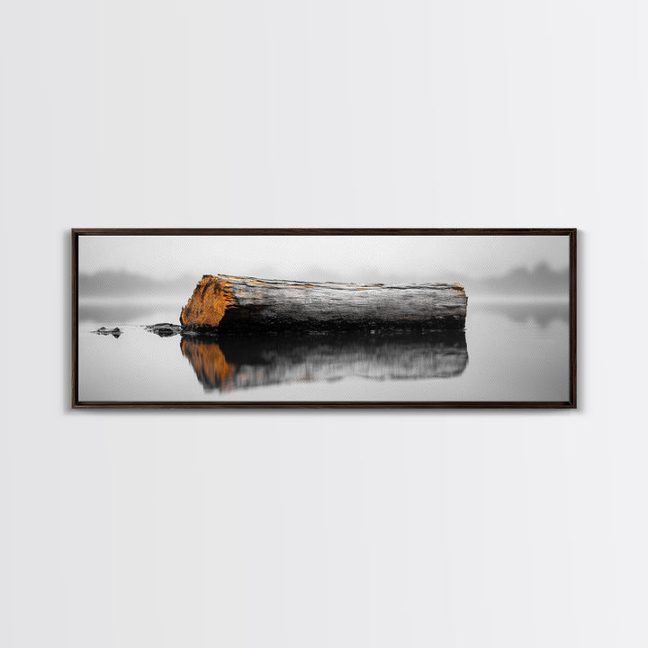 Weathered Log Reflection, Calm Lake Scene, Canvas Print, Minimalist Nature Photography, Zen Bathroom Wall Art, Serene Rustic Decor