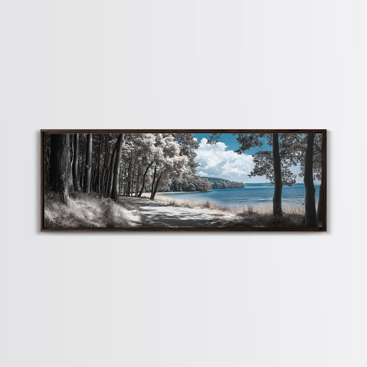 Coastal Forest Path, Lakeside Nature Trail, Tranquil Blue Water, Canvas Print, Minimalist Landscape, Bedroom Wall Art