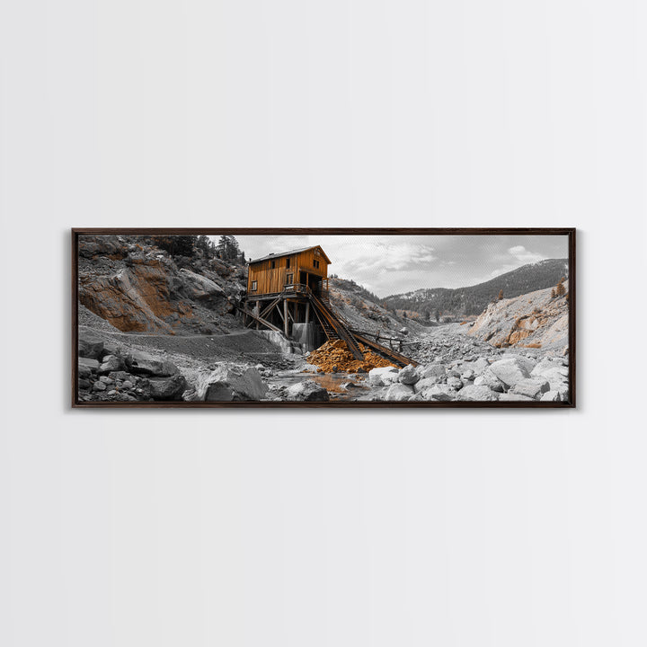 Desert Mine Cabin, Rustic Gold Landscape, Abandoned Building Scene, Framed Canvas Print, Western Art, Office Wall Decor