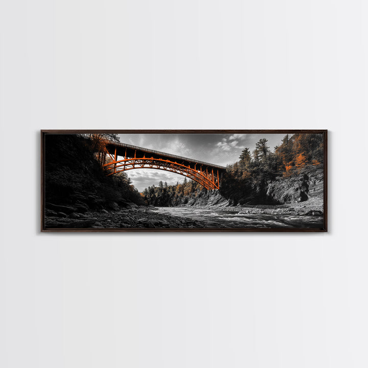 Autumn River Bridge, Orange Iron Arch, Canyon Flow Scene, Framed Canvas Print, Rustic Fall Decor, Entryway Wall Art, Living Room Decor