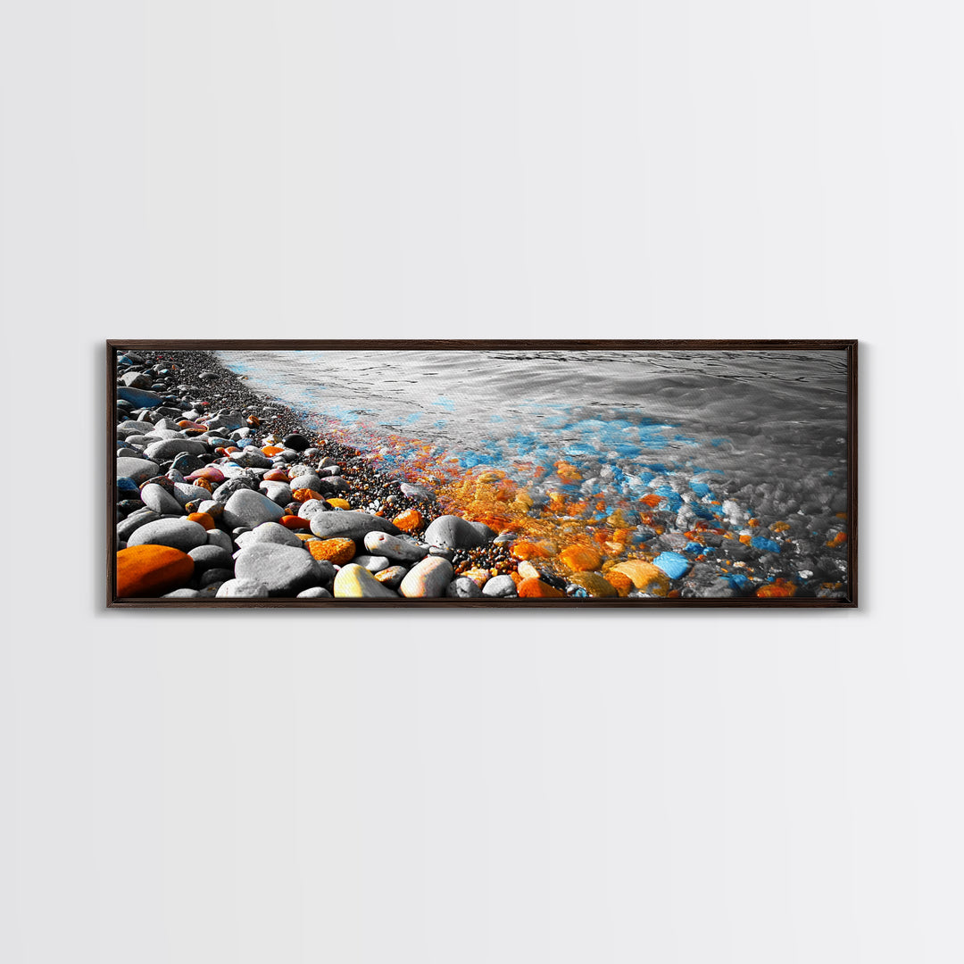 Colorful Pebble Shore, Vibrant Lake Stones, Blue Orange Rocks, Framed Canvas Print, Boho Coastal Style, Bathroom Wall Art