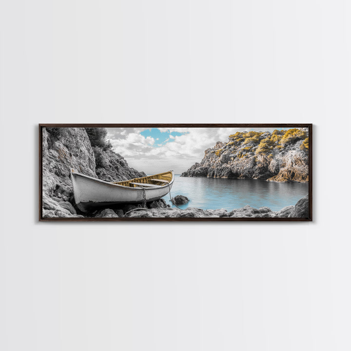 Abandoned Rowboat, Rustic Shore, Autumn Cove, Island Serenity, Framed Canvas Print, Lakehouse Decor, Coastal Wall Art, Nature Print