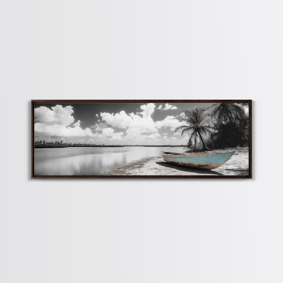 Tropical Boat, Deserted Beach, Palms and Clouds, Ocean Peace, Framed Canvas Print, Boho Wall Art, Bedroom Decor, Seaside Minimalism