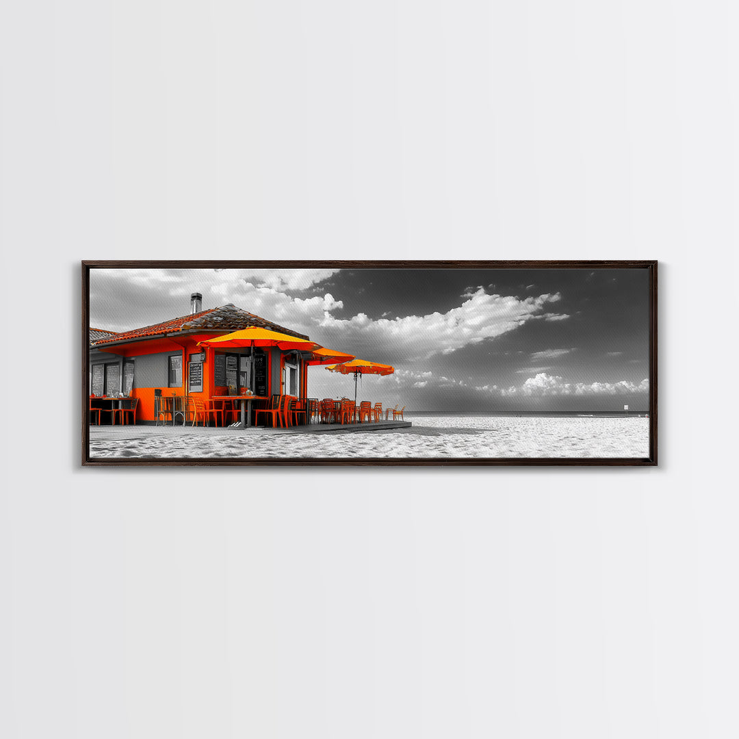 Beach Cafe, Orange Umbrellas, Seaside Dining, Sunny Vibes, Framed Canvas Print, Kitchen Wall Art, Summer Coastal Style