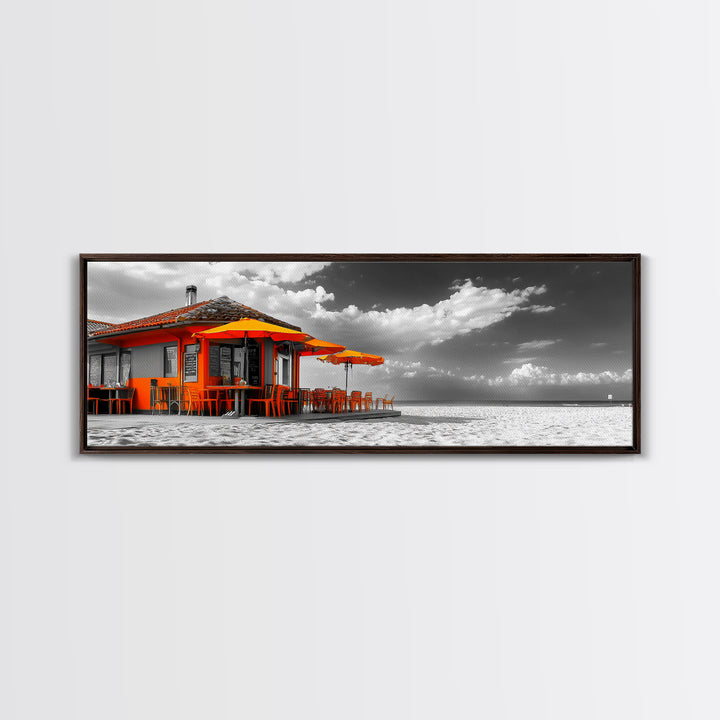 Beach Cafe, Orange Umbrellas, Seaside Dining, Sunny Vibes, Framed Canvas Print, Kitchen Wall Art, Summer Coastal Style