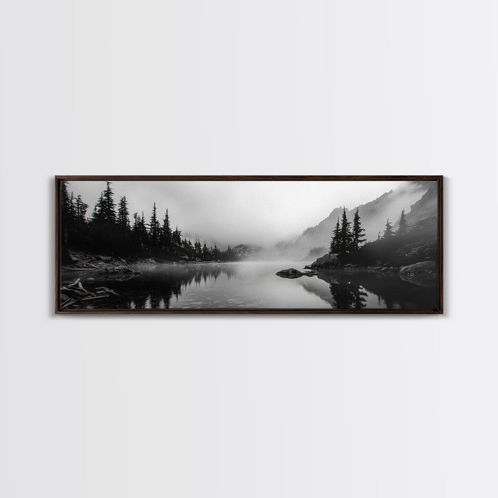 Foggy Pines, Mountain Reflection, Monochrome Wilderness, Canvas Print, black and white wall art, cabin decor, minimalist forest scene