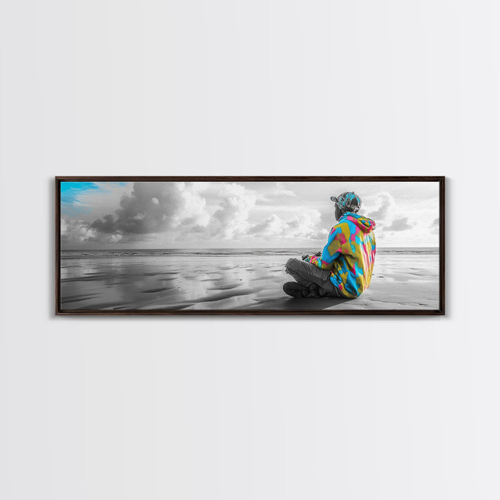 Colorful Hoodie, Peaceful Ocean, Reflective Moment, Street Style, Framed Canvas Print, Boho Wall Art, Teen Bedroom Decor