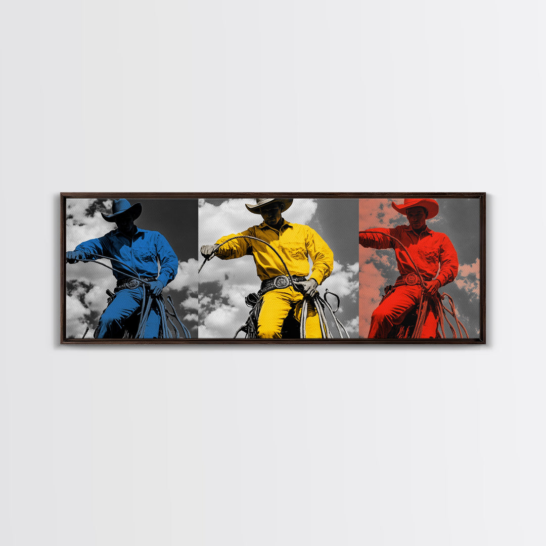 Cowboy Pop Art, Red Yellow Blue Trio, Western Rodeo Style, Framed Canvas Print, Bold Color Wall Art, Man Cave Decor, Modern Western Art
