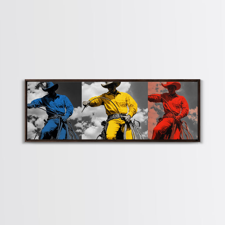 Cowboy Pop Art, Red Yellow Blue Trio, Western Rodeo Style, Framed Canvas Print, Bold Color Wall Art, Man Cave Decor, Modern Western Art