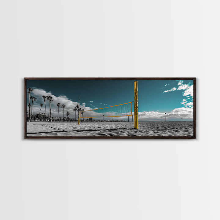 Beach Volleyball, Palm Trees, Summer Sport, Coastal Minimalism, Framed Canvas Print, Rec Room Wall Art, Sporty Vibe Decor