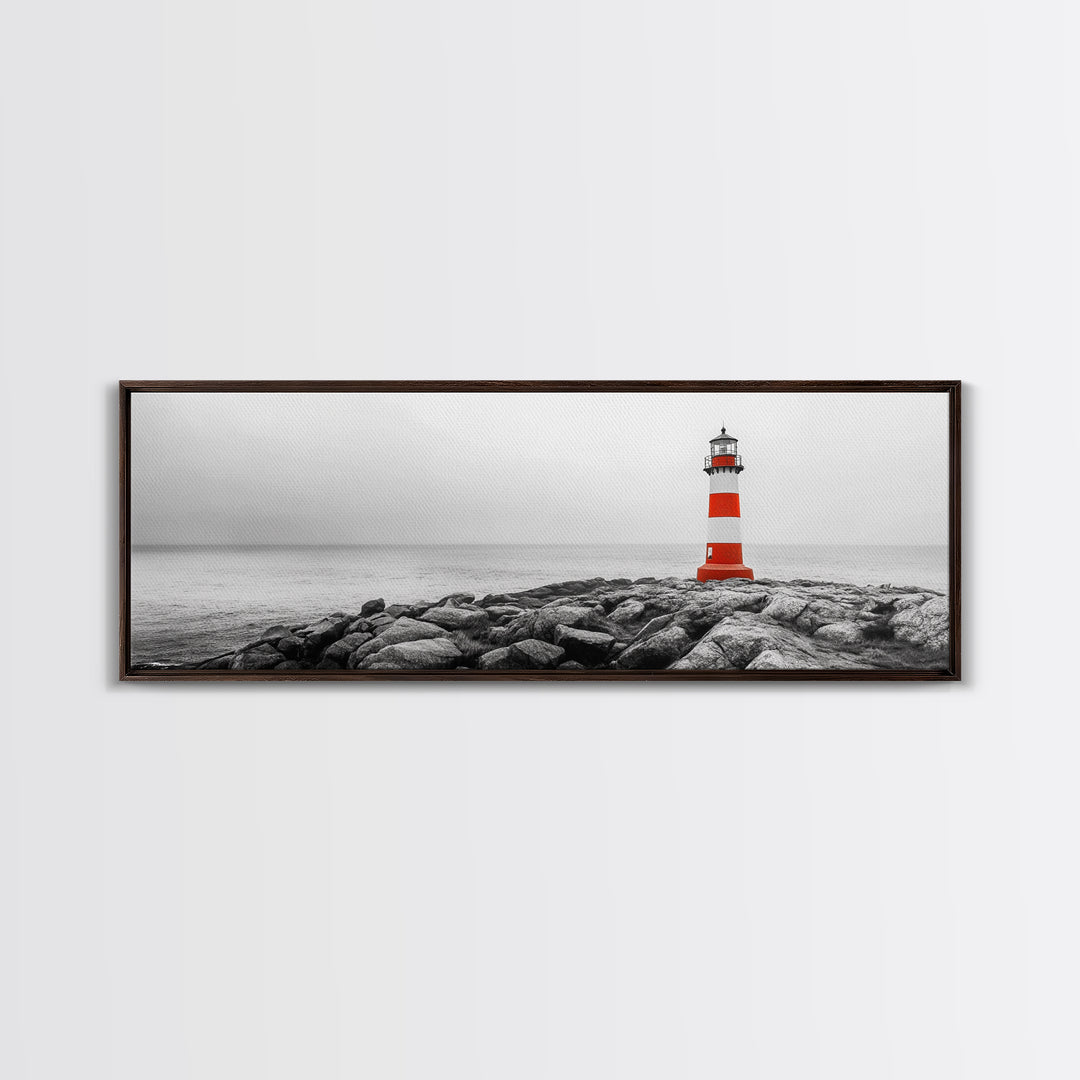 Rocky Shore, Coastal Guide, Red Lighthouse, Ocean Cliff Scene, Framed Canvas Print, Nautical Wall Decor, Bathroom Wall Art, Minimalist Art