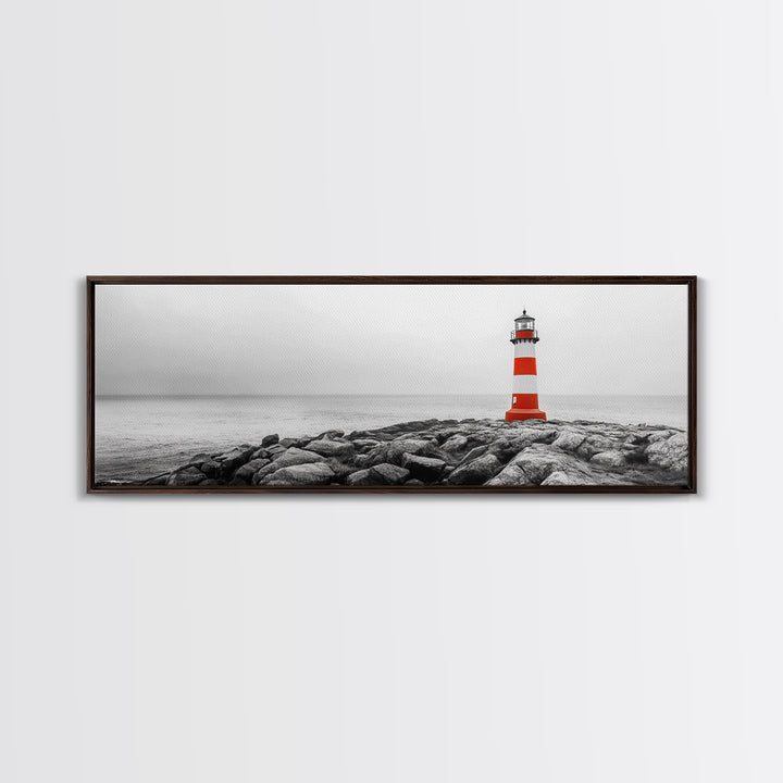 Rocky Shore, Coastal Guide, Red Lighthouse, Ocean Cliff Scene, Framed Canvas Print, Nautical Wall Decor, Bathroom Wall Art, Minimalist Art