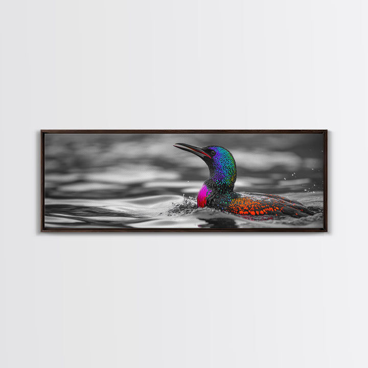 Colorful Loon, Rainbow Feathers, Water Splash, Unique Wildlife, Framed Canvas Print, Bathroom Wall Art, Eclectic Style, Birdwatcher Gift