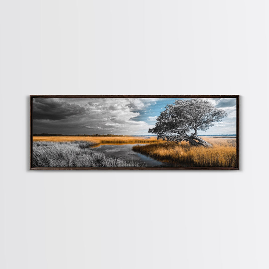Autumn Marsh, Windswept Tree, Golden Grass, Storm Sky, Framed Canvas Print, Fall Wall Art, Living Room Decor, Rustic Landscape