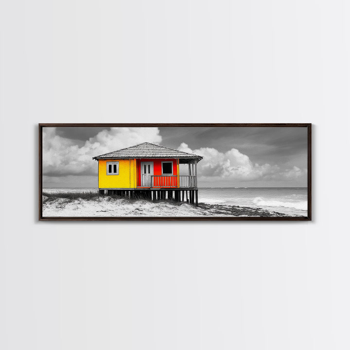 Yellow Cabin, Seaside Shack, Color Pop, Coastal Vibes, Framed Canvas Print, Beach House Wall Art, Bold Nautical Decoretic