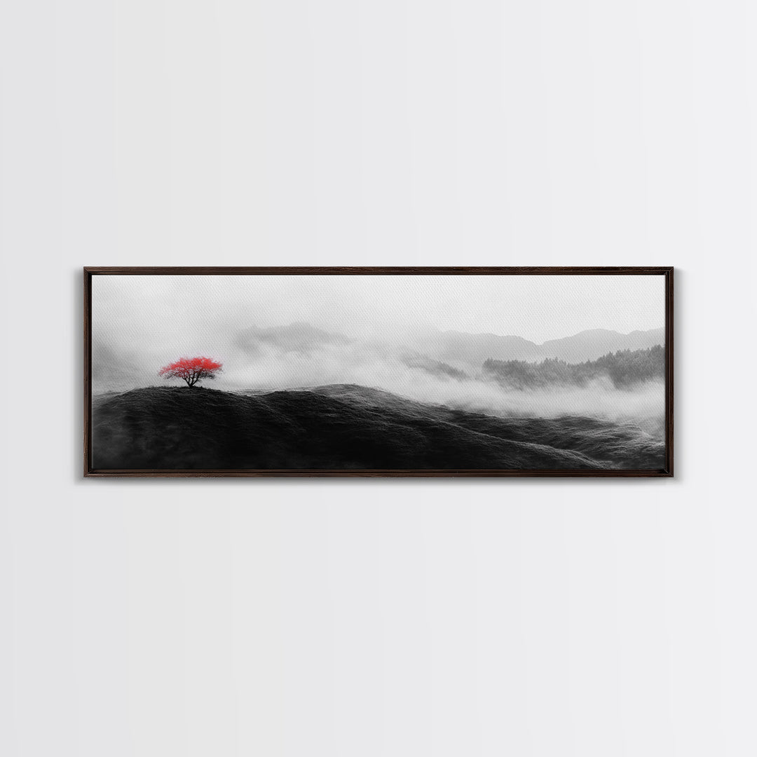 Lone Red Tree, Misty Hills, Minimalist Landscape, Framed Canvas Print, serene bedroom wall art, abstract black and white decor
