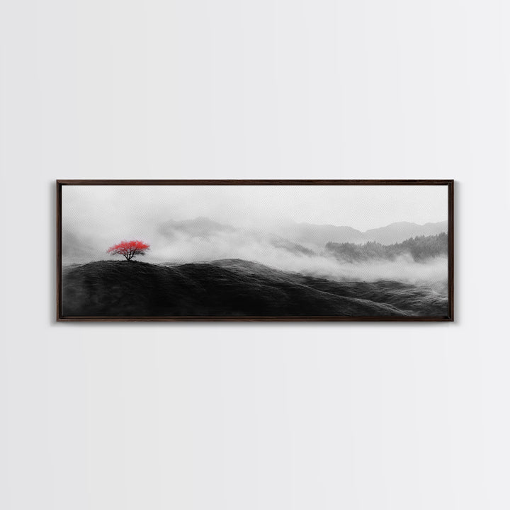 Lone Red Tree, Misty Hills, Minimalist Landscape, Framed Canvas Print, serene bedroom wall art, abstract black and white decor