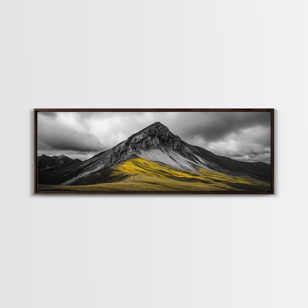 Black Mountain Peak, Moody Sky, Bold Yellow Hillside, Framed Canvas Print, Nature Art, Bedroom Wall Decor, Modern Landscape Print