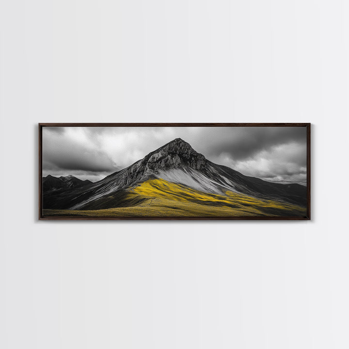 Black Mountain Peak, Moody Sky, Bold Yellow Hillside, Framed Canvas Print, Nature Art, Bedroom Wall Decor, Modern Landscape Print
