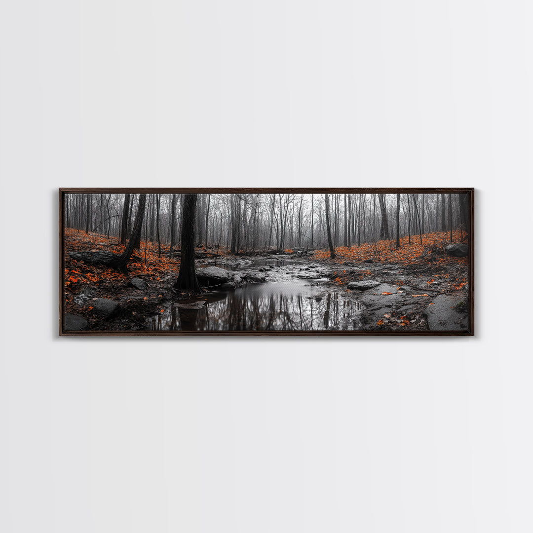 Autumn Forest Stream, Bare Trees, Orange Leaves, Framed Canvas Print, Fall Wall Art, Cozy Nature Scene, Entryway Decor