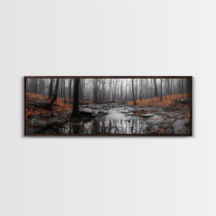 Autumn Forest Stream, Bare Trees, Orange Leaves, Framed Canvas Print, Fall Wall Art, Cozy Nature Scene, Entryway Decor