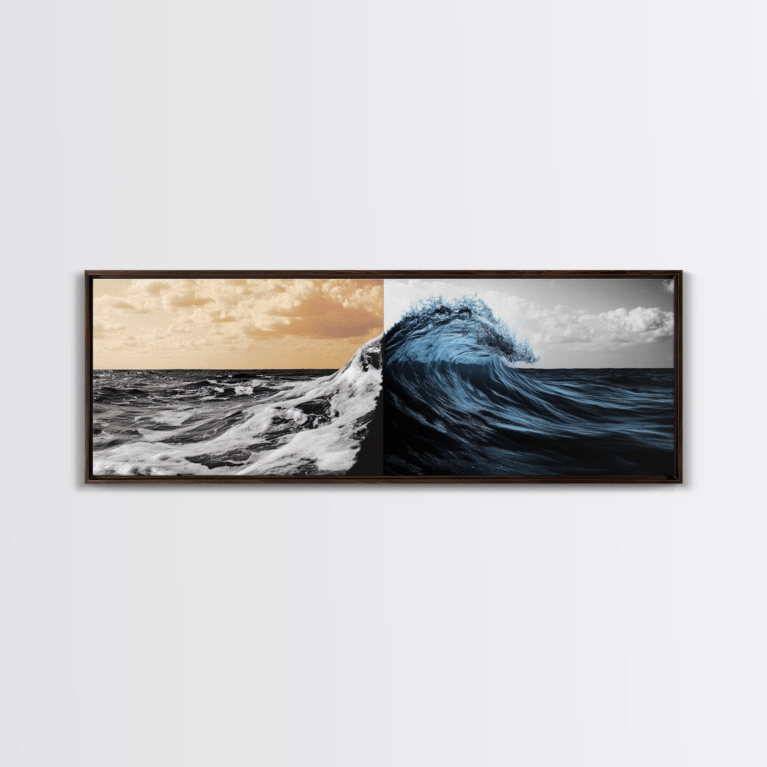 Ocean Wave Split, Sunrise Sea, Blue Tidal Wave, Framed Canvas Print, Nautical Wall Art, Coastal Decor, Bathroom Seascape