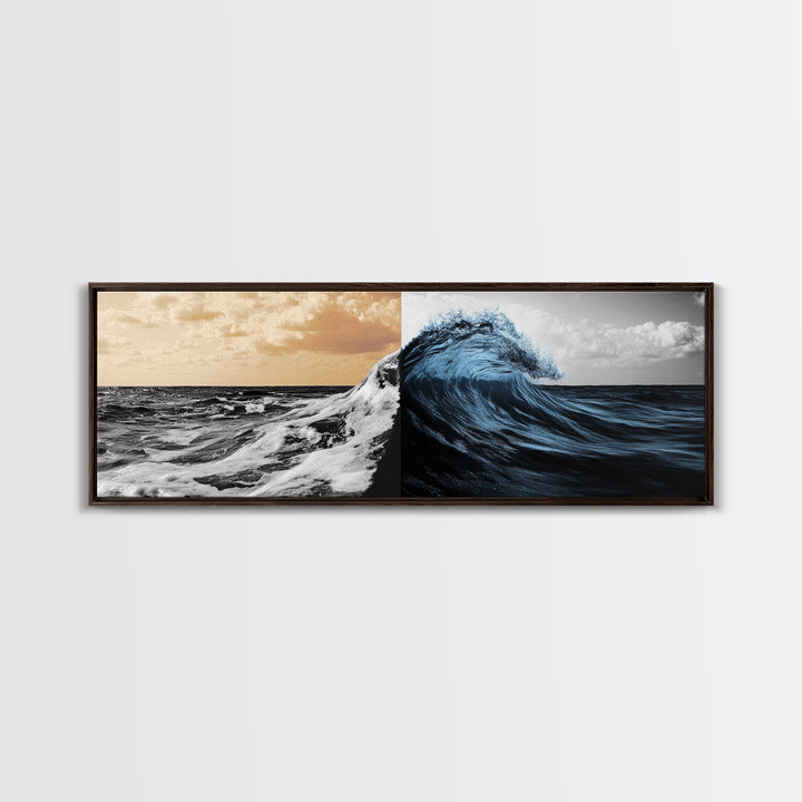 Ocean Wave Split, Sunrise Sea, Blue Tidal Wave, Framed Canvas Print, Nautical Wall Art, Coastal Decor, Bathroom Seascape