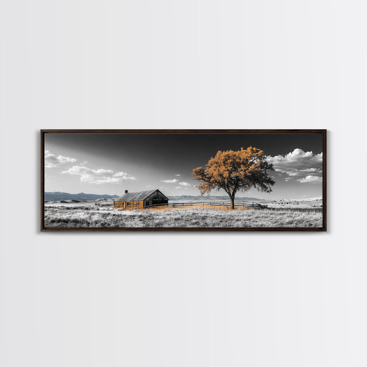 Prairie Cabin, Golden Tree, Rural Landscape, Open Sky, Framed Canvas Print, Country Decor, Farmhouse Wall Art, Rustic Bedroom Style