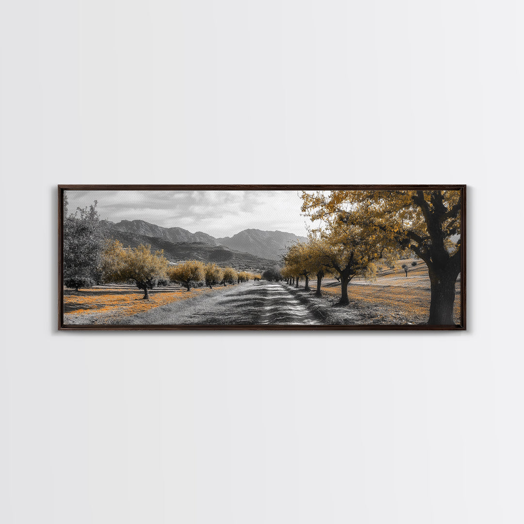 Autumn Orchard, Tree Tunnel, Mountain Path, Golden Fields, Framed Canvas Print, Fall Landscape Art, Rustic Farmhouse Decor, Dining Room Wall Art