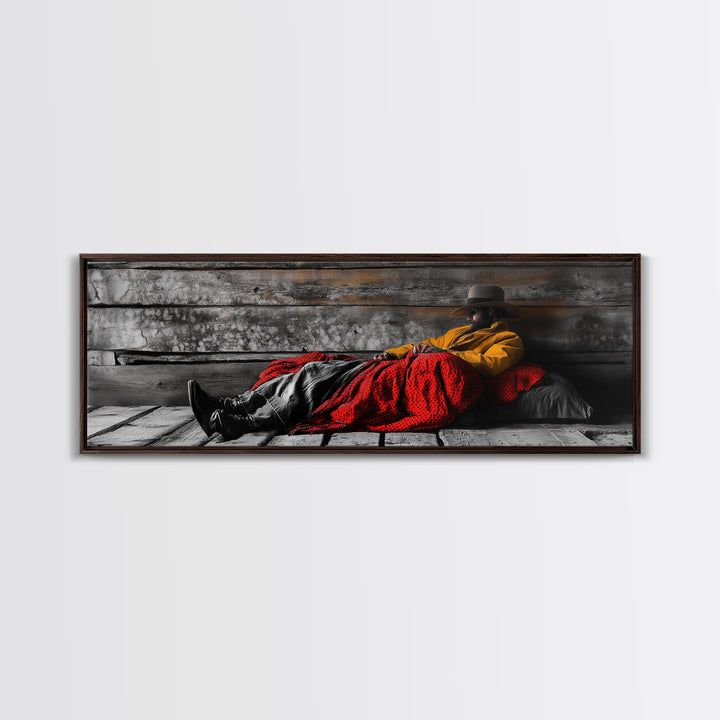 Cowboy Resting, Rustic Cabin Scene, Western Americana, Framed Canvas Print, Fall Wall Art, Bedroom or Study Western Style Decor