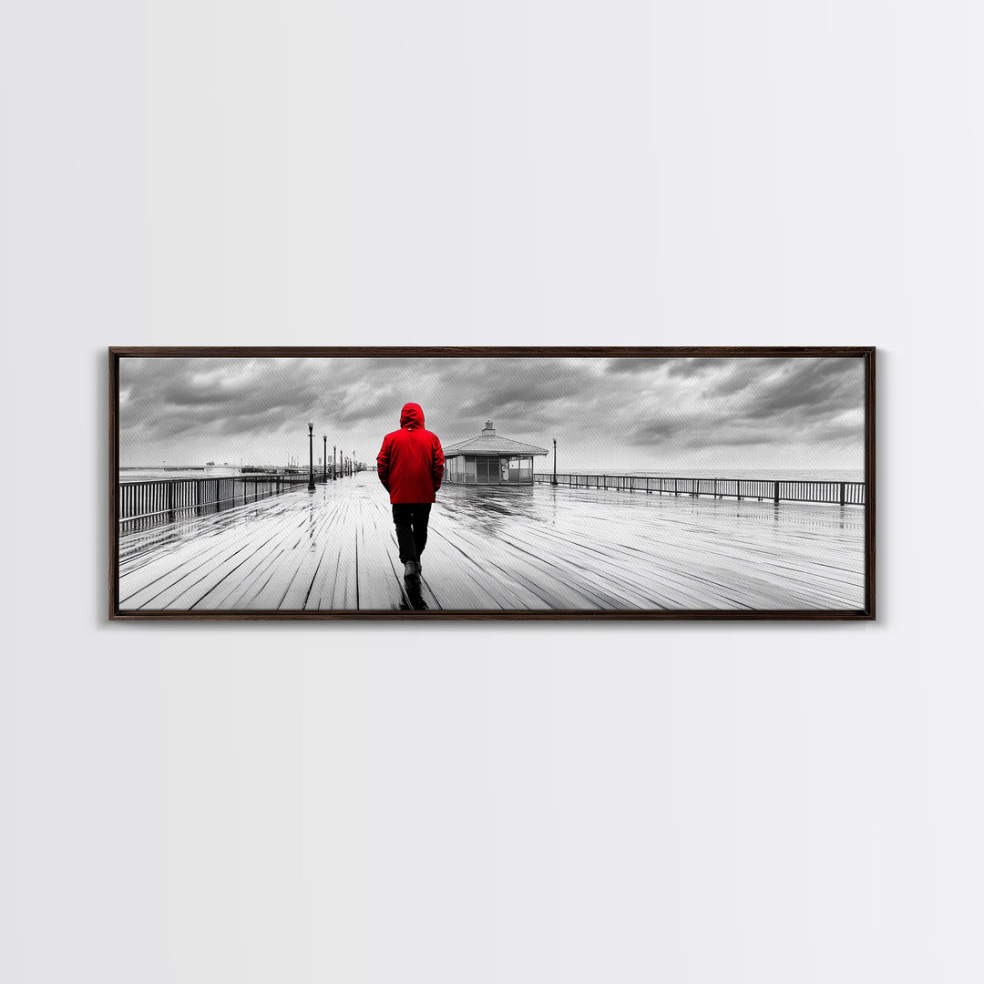 Red Jacket Walk, Rainy Boardwalk Scene, Urban Solitude, Moody Landscape Photography, Canvas Print, Entryway Wall Art, Minimalist Decor