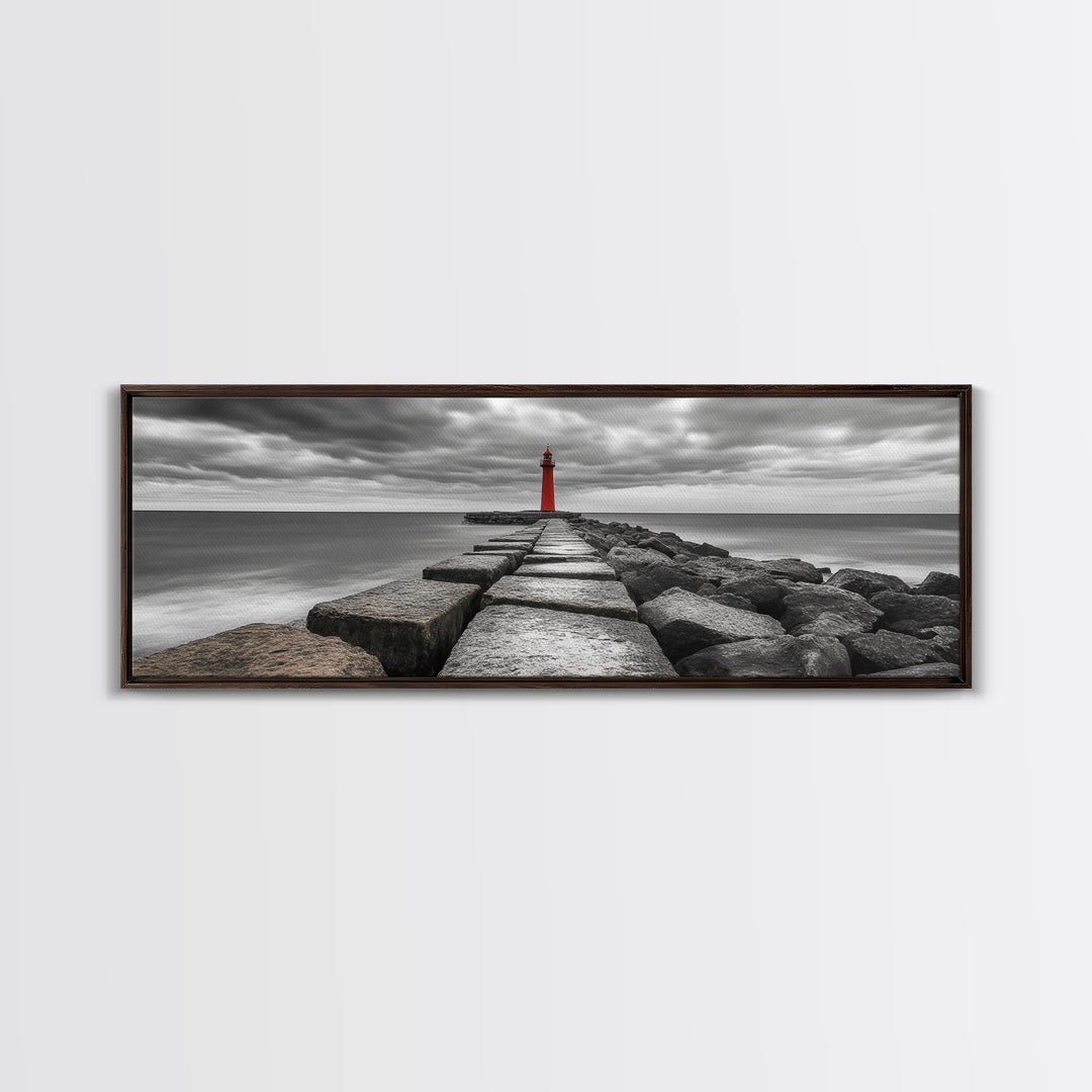 Red Lighthouse Coast, Seaside Rock Jetty, Stormy Sky Mood, Nautical Beacon View, Canvas Print, Bathroom Wall Art, Coastal Modern Decor