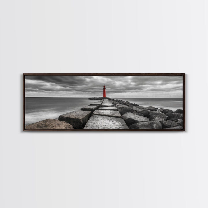 Red Lighthouse Coast, Seaside Rock Jetty, Stormy Sky Mood, Nautical Beacon View, Canvas Print, Bathroom Wall Art, Coastal Modern Decor