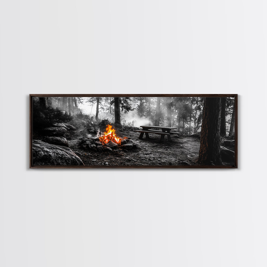 Forest Firepit, Picnic Spot, Smoky Trees, Nature Flame, Canvas Print, Fall Wall Art, Camping Cabin Decor, Rustic Outdoor Style