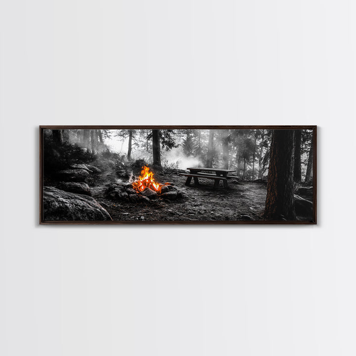 Forest Firepit, Picnic Spot, Smoky Trees, Nature Flame, Canvas Print, Fall Wall Art, Camping Cabin Decor, Rustic Outdoor Style