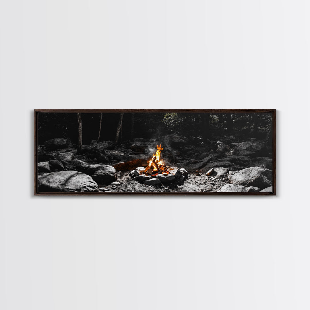 Stone Circle, Night Fire, Forest Blaze, Cozy Gathering, Canvas Print, Wilderness Wall Art, Fall Camping Decor, Rustic Cabin Style