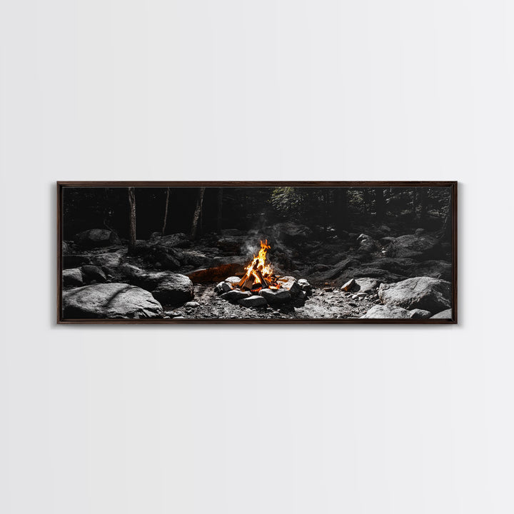 Stone Circle, Night Fire, Forest Blaze, Cozy Gathering, Canvas Print, Wilderness Wall Art, Fall Camping Decor, Rustic Cabin Style