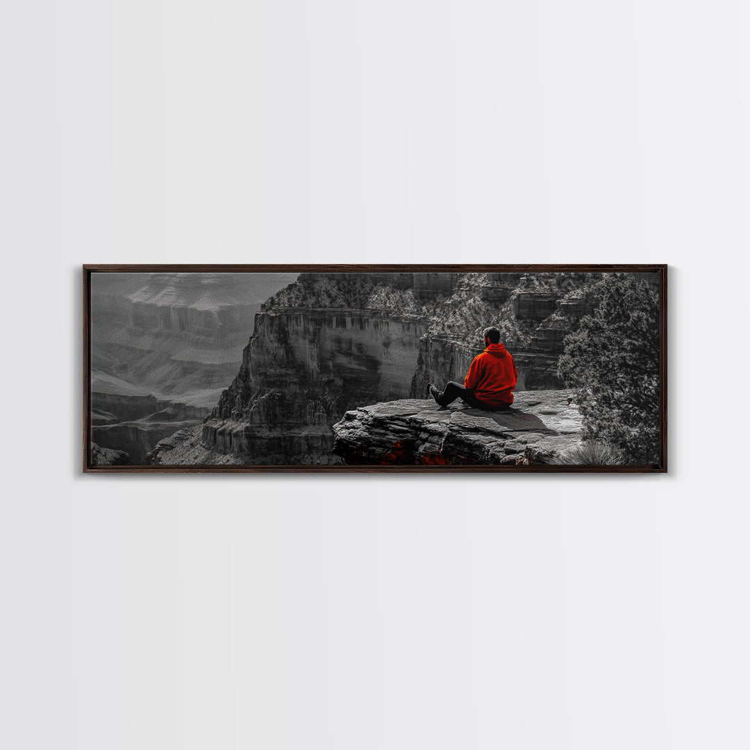 Grand Canyon, Meditation Art, Red Jacket, Adventure Scene, Framed Canvas Print, Hiking Wall Art, Man Cave Decor, Minimalist Landscape