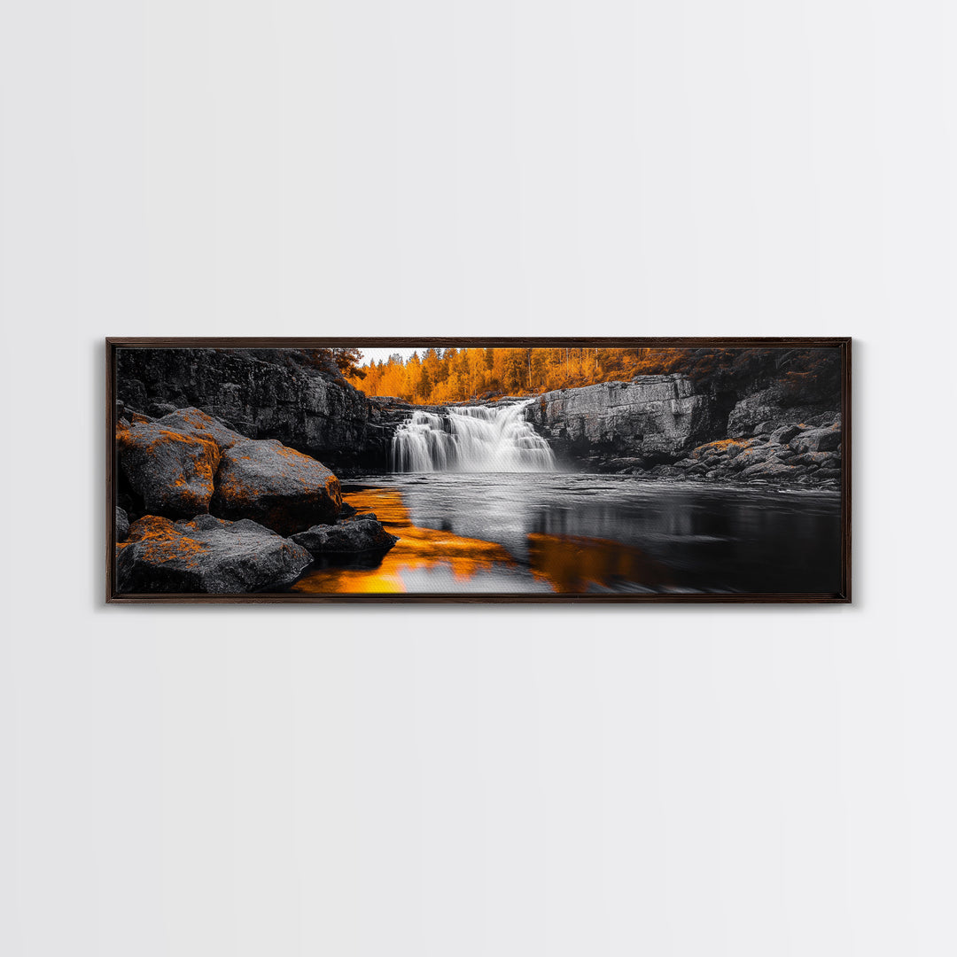 Autumn Waterfall, Fall Trees, Golden Reflections, Tranquil Scene, Framed Canvas Print, Nature Wall Art, Seasonal Decor, Cozy Living Room