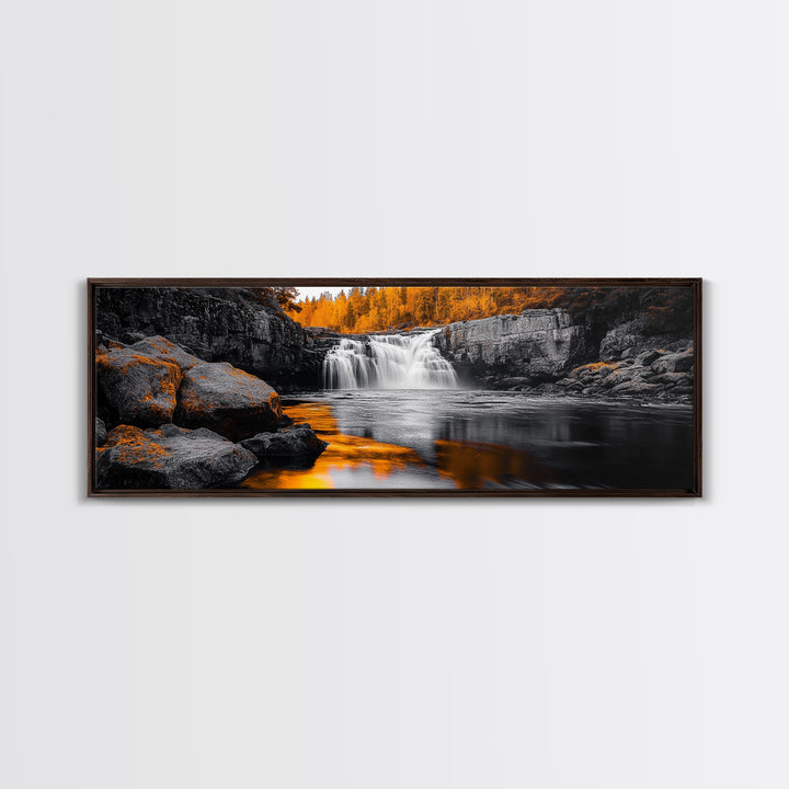 Autumn Waterfall, Fall Trees, Golden Reflections, Tranquil Scene, Framed Canvas Print, Nature Wall Art, Seasonal Decor, Cozy Living Room
