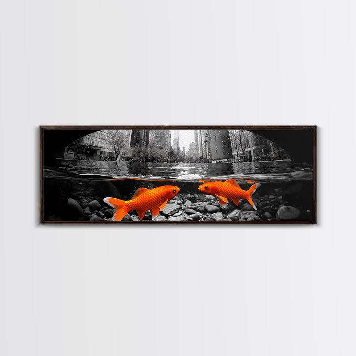 City Meets Nature, Urban Fish, Goldfish Art, Surreal Street Scene, Framed Canvas Print, Quirky Kitchen Wall Art, Modern Whimsical Decor