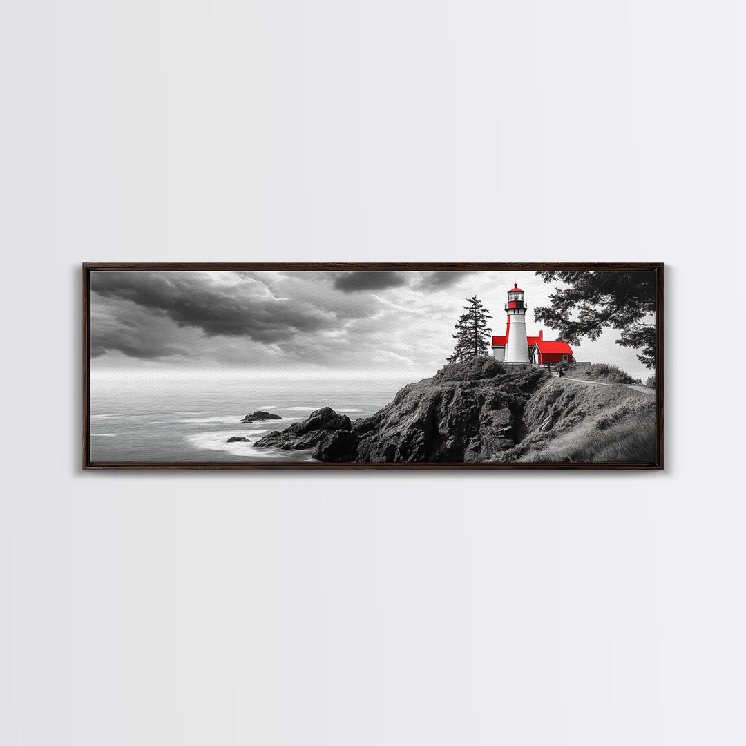 Coastal Lighthouse, Ocean Cliffs, Red Roof, Nautical Beacon, Framed Canvas Print, Bathroom Wall Art, Minimalist Coastal Decor, Seaside Vibe