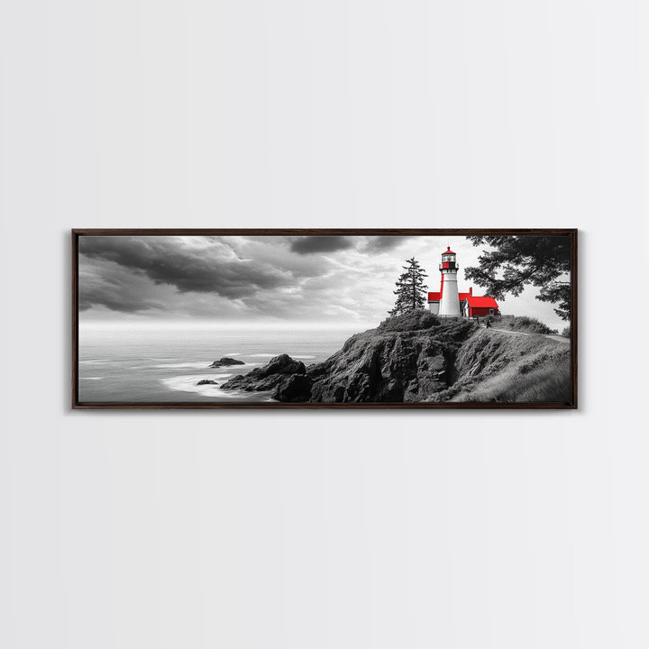 Coastal Lighthouse, Ocean Cliffs, Red Roof, Nautical Beacon, Framed Canvas Print, Bathroom Wall Art, Minimalist Coastal Decor, Seaside Vibe